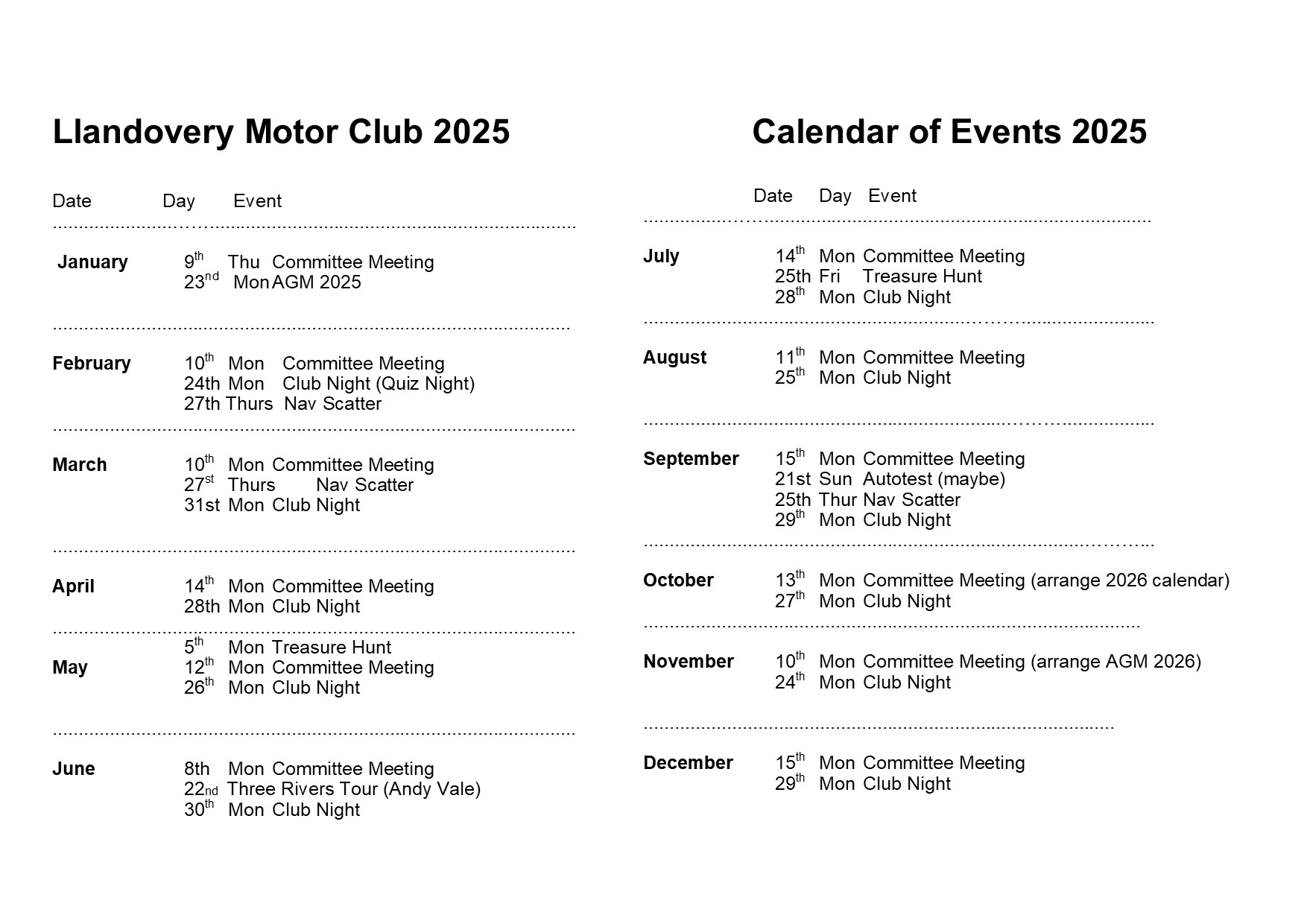 Llandovery Motor Club Calendar 2025